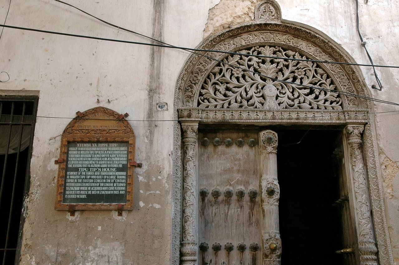 Ornately carved stone doorway at Tippu Tip's house in Stone Town